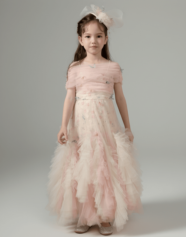 Blush Pink Tulle Flower Girl Dress with Off Shoulder – Special Occasion Flower Girl Dress with Butterfly Appliqué Plus Size - WonderlandByLilian