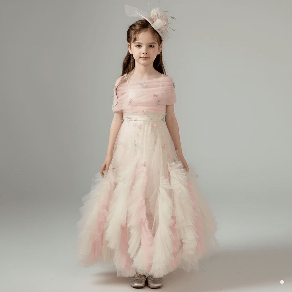 Blush Pink Tulle Flower Girl Dress with Off Shoulder – Special Occasion Flower Girl Dress with Butterfly Appliqué Plus Size - WonderlandByLilian