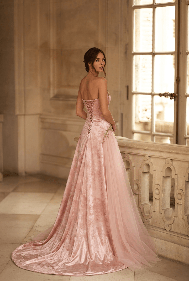 Blush Pink Velvet Evening Gown with Draped Off Shoulder Neckline and Soft Tulle Train Romantic Couture Formal Dress Plus Size - WonderlandByLilian