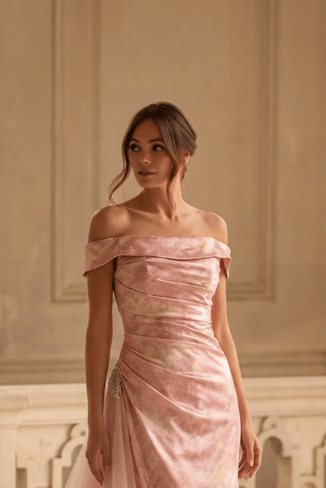 Blush Pink Velvet Evening Gown with Draped Off Shoulder Neckline and Soft Tulle Train Romantic Couture Formal Dress Plus Size - WonderlandByLilian