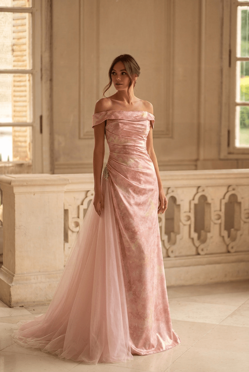 Blush Pink Velvet Evening Gown with Draped Off Shoulder Neckline and Soft Tulle Train Romantic Couture Formal Dress Plus Size Size 8 / Pink / No
