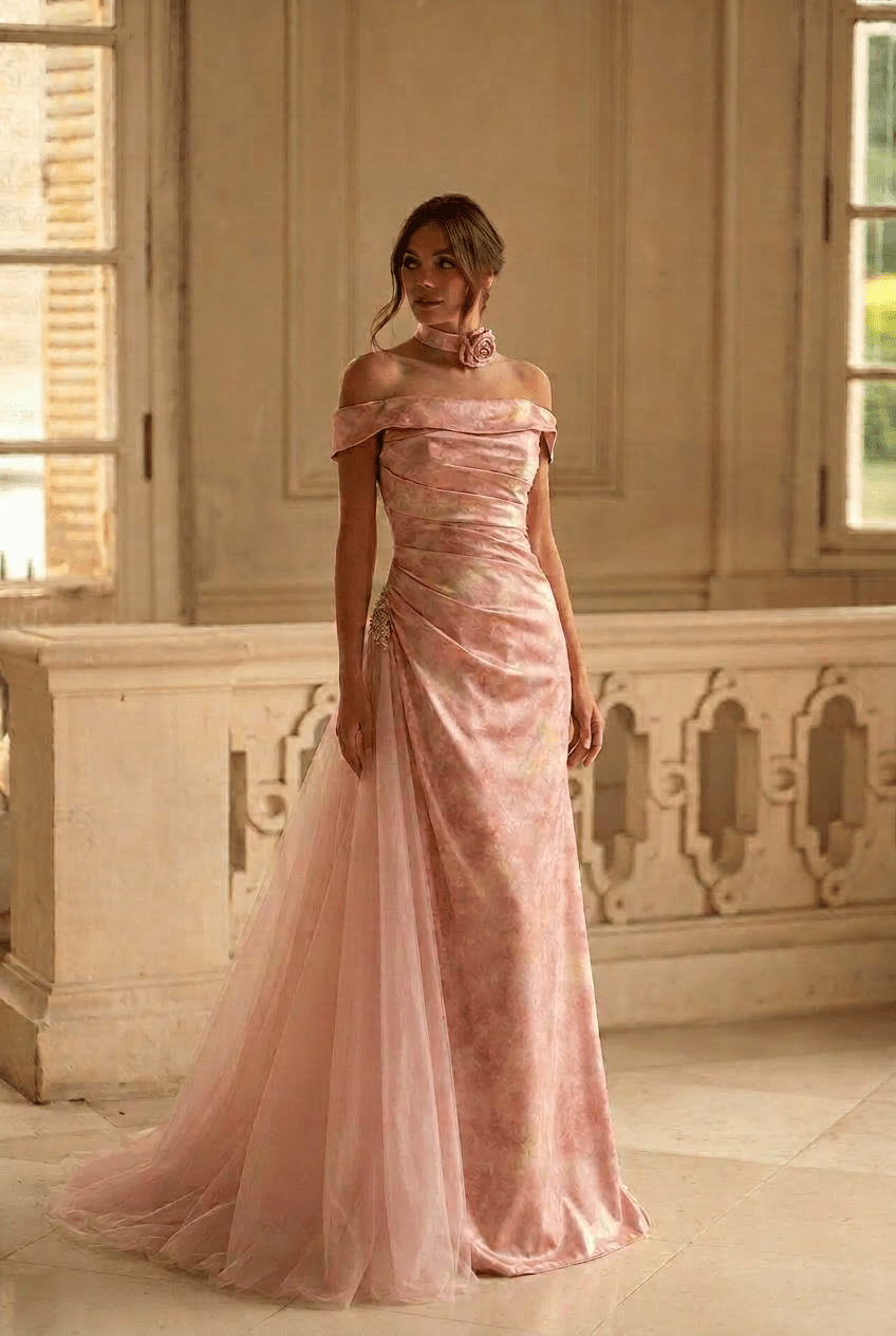 Blush Pink Velvet Evening Gown with Draped Off Shoulder Neckline and Soft Tulle Train Romantic Couture Formal Dress Plus Size Size 8 / Pink / No