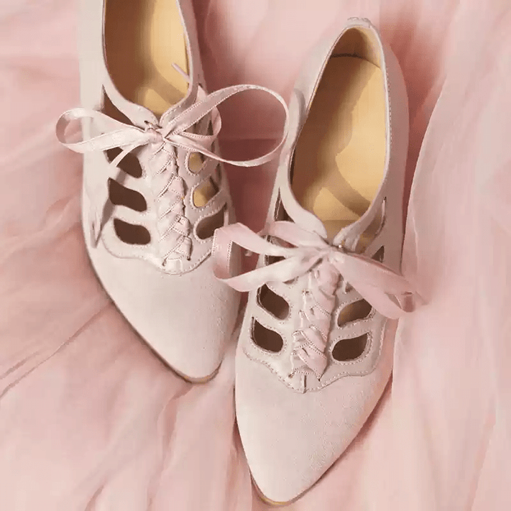 "Blush Sonata" – Handmade Lace - Up Mary Jane Wedding Heels - WonderlandByLilian