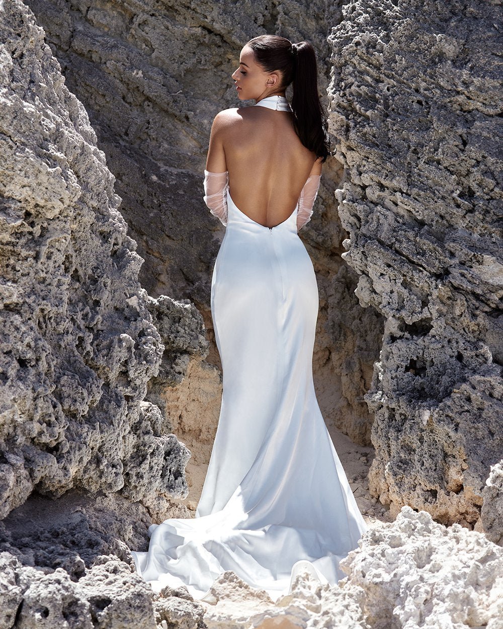 Bold and Elegant Open Back High Neck Halter Wedding Dress - EMBER - WonderlandByLilian