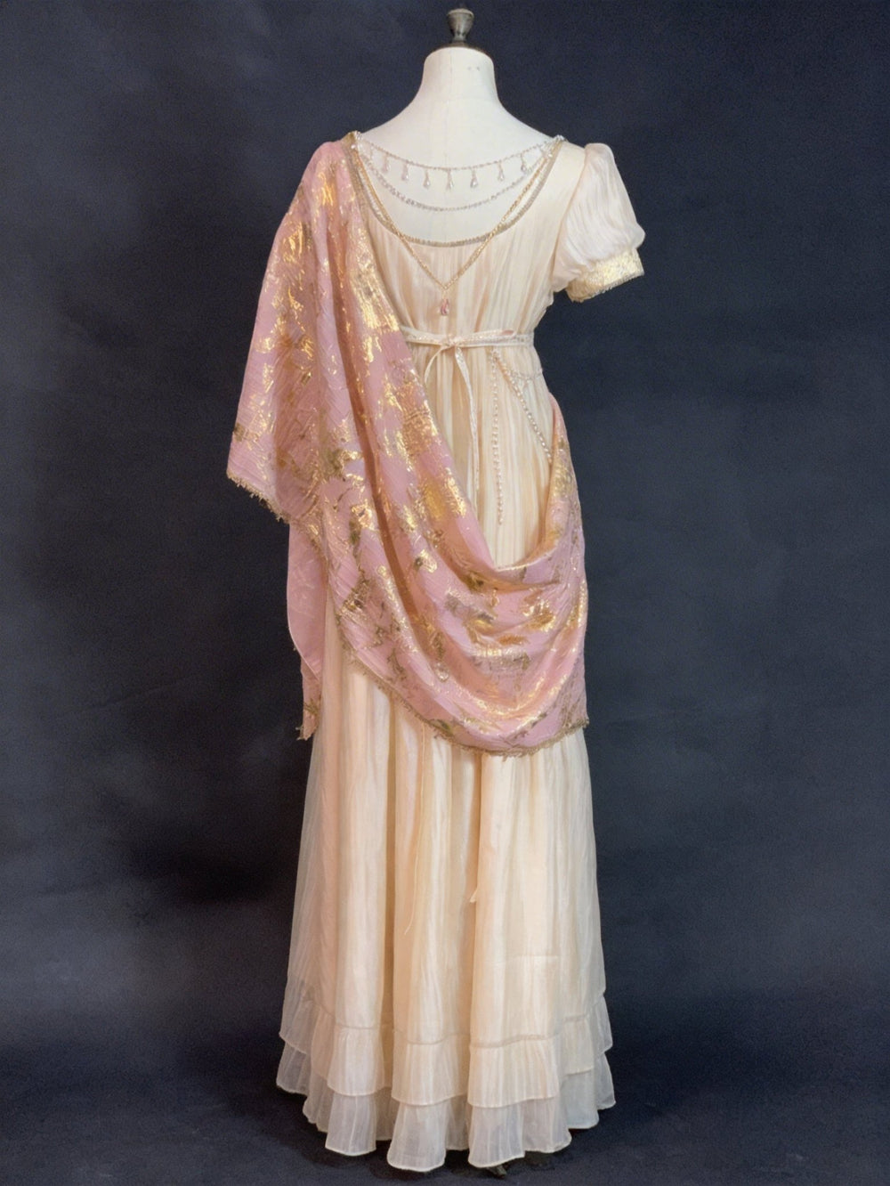 Bridgerton Champagne Vintage Empire Waist Gown with Puff Sleeves and Beaded Bodice – Regency Era Inspired Premium Vintage Gown Plus Size - WonderlandByLilian