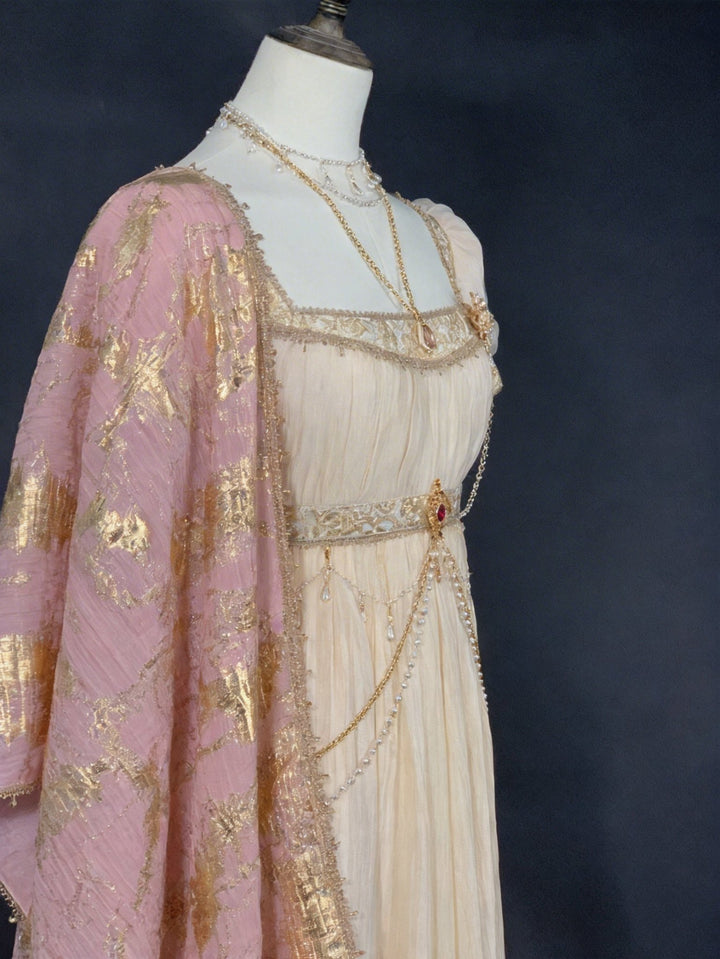 Bridgerton Champagne Vintage Empire Waist Gown with Puff Sleeves and Beaded Bodice – Regency Era Inspired Premium Vintage Gown Plus Size - WonderlandByLilian