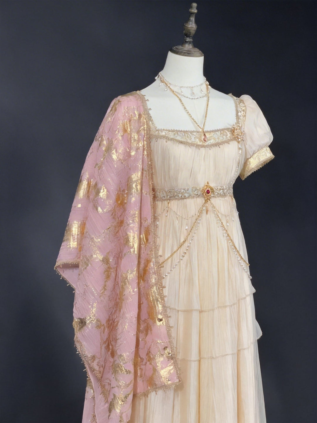Bridgerton Champagne Vintage Empire Waist Gown with Puff Sleeves and Beaded Bodice – Regency Era Inspired Premium Vintage Gown Plus Size - WonderlandByLilian