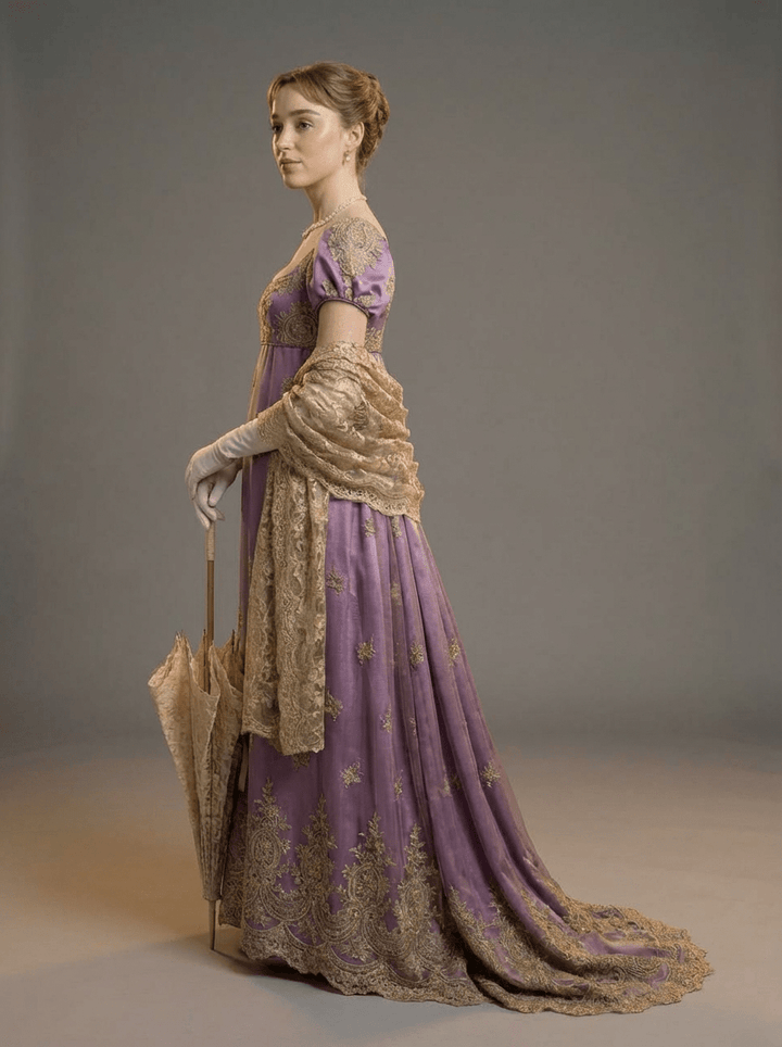 Bridgerton Daphne Inspired Regency Empire Waist Purple Embroidered Dress with Puff Sleeve Plus Size - WonderlandByLilian