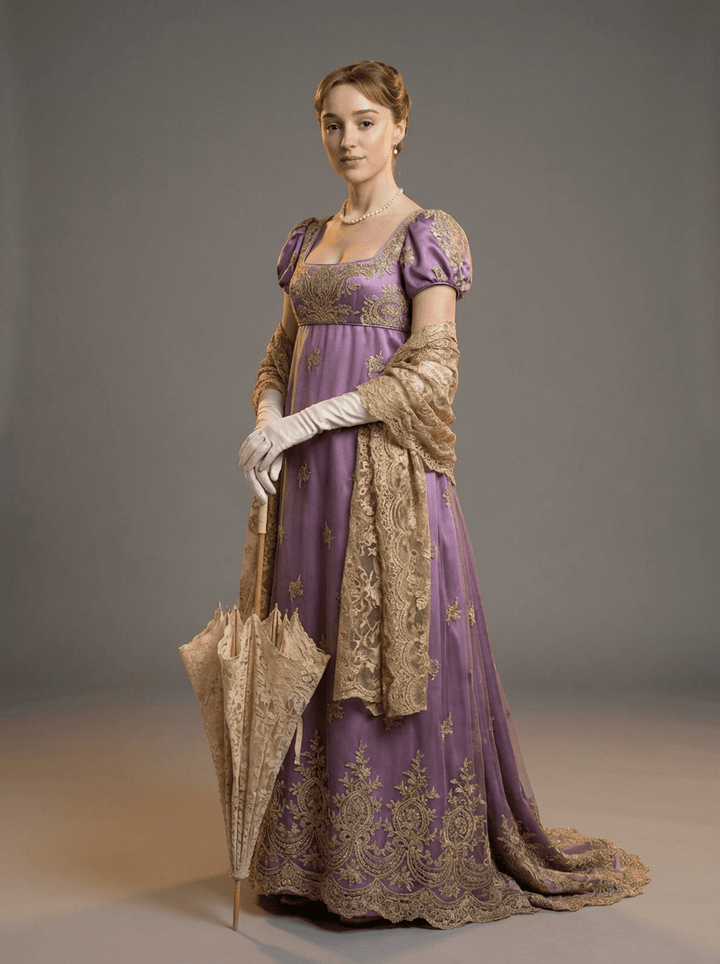 Bridgerton Daphne Inspired Regency Empire Waist Purple Embroidered Dress with Puff Sleeve Plus Size - WonderlandByLilian