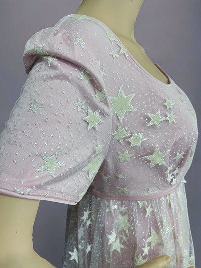 Bridgerton Daphne Pink Dress With Star Sequins - Regency Era Pink Satin Dress Plus Size - WonderlandByLilian