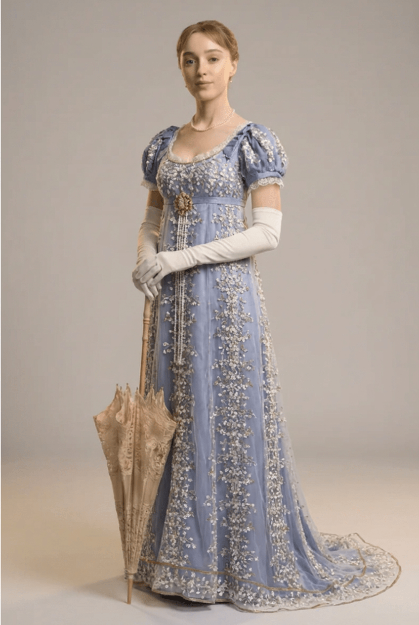 Bridgerton Dusty Blue Embroidered Empire Waist Vintage Gown with Floral Lace Overlay Plus Size