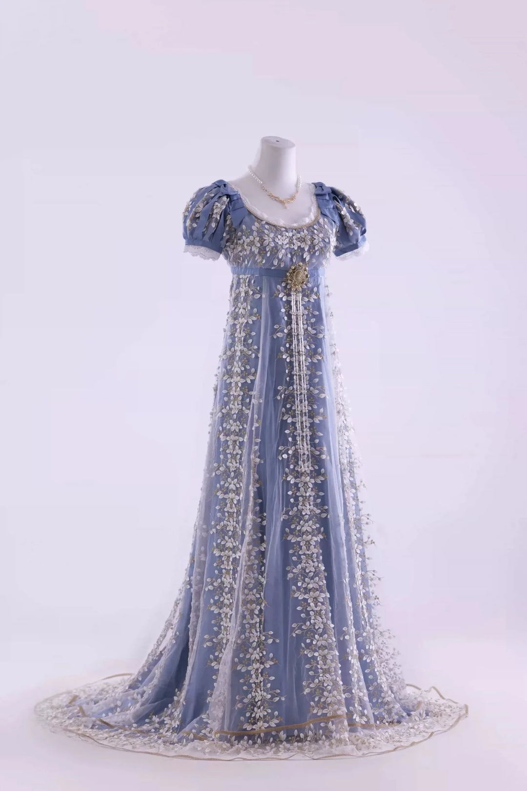 Bridgerton Dusty Blue Embroidered Empire Waist Vintage Gown with Floral Lace Overlay Plus Size - WonderlandByLilian
