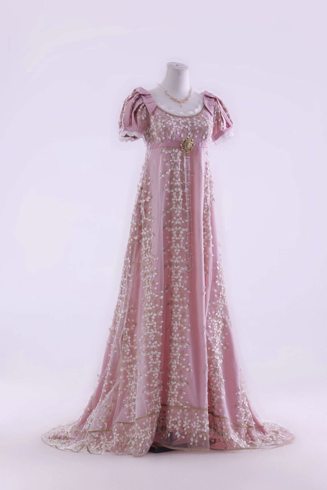 Bridgerton Dusty Pink Embroidered Empire Waist Vintage Gown with Floral Lace Overlay Plus Size - WonderlandByLilian