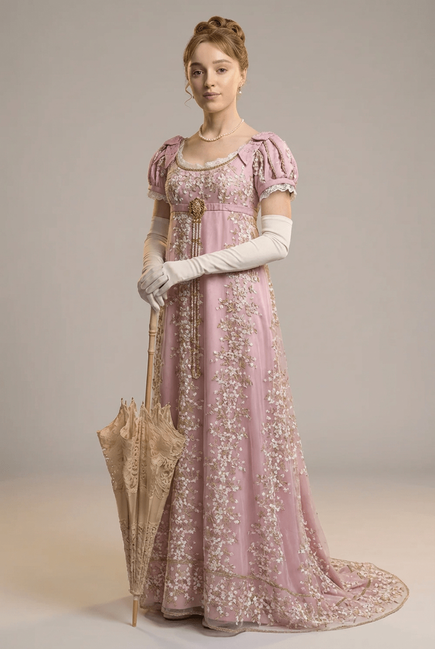 Bridgerton Dusty Pink Embroidered Empire Waist Vintage Gown with Floral Lace Overlay Plus Size - WonderlandByLilian