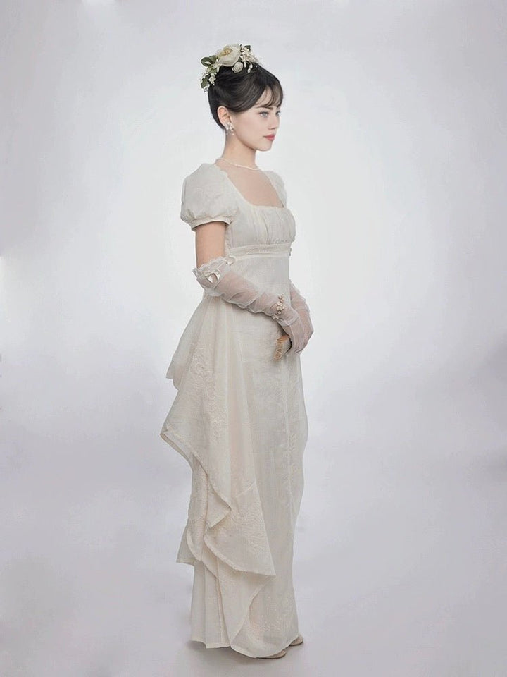 Bridgerton Empire Waist White ball gown, Regency Era dress with Lace Embroidery plus size - WonderlandByLilian