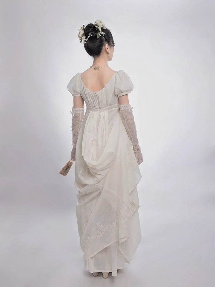 Bridgerton Empire Waist White ball gown, Regency Era dress with Lace Embroidery plus size - WonderlandByLilian