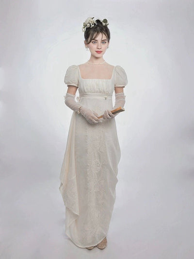 Bridgerton Empire Waist White ball gown, Regency Era dress with Lace Embroidery plus size - WonderlandByLilian