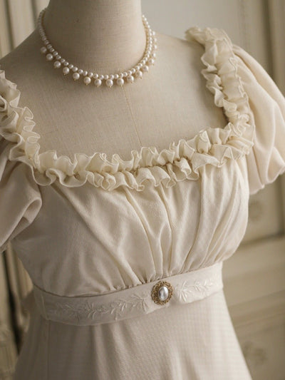 Bridgerton Inspired Cream Regency Era Dress with Chiffon Ruffle - Vintage Floral Applique Dress with Bow Waist Plus Size - WonderlandByLilian