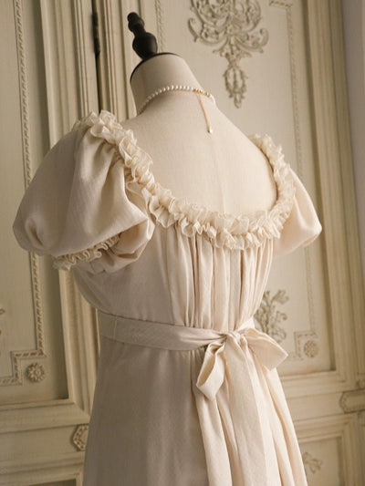 Bridgerton Inspired Cream Regency Era Dress with Chiffon Ruffle - Vintage Floral Applique Dress with Bow Waist Plus Size - WonderlandByLilian