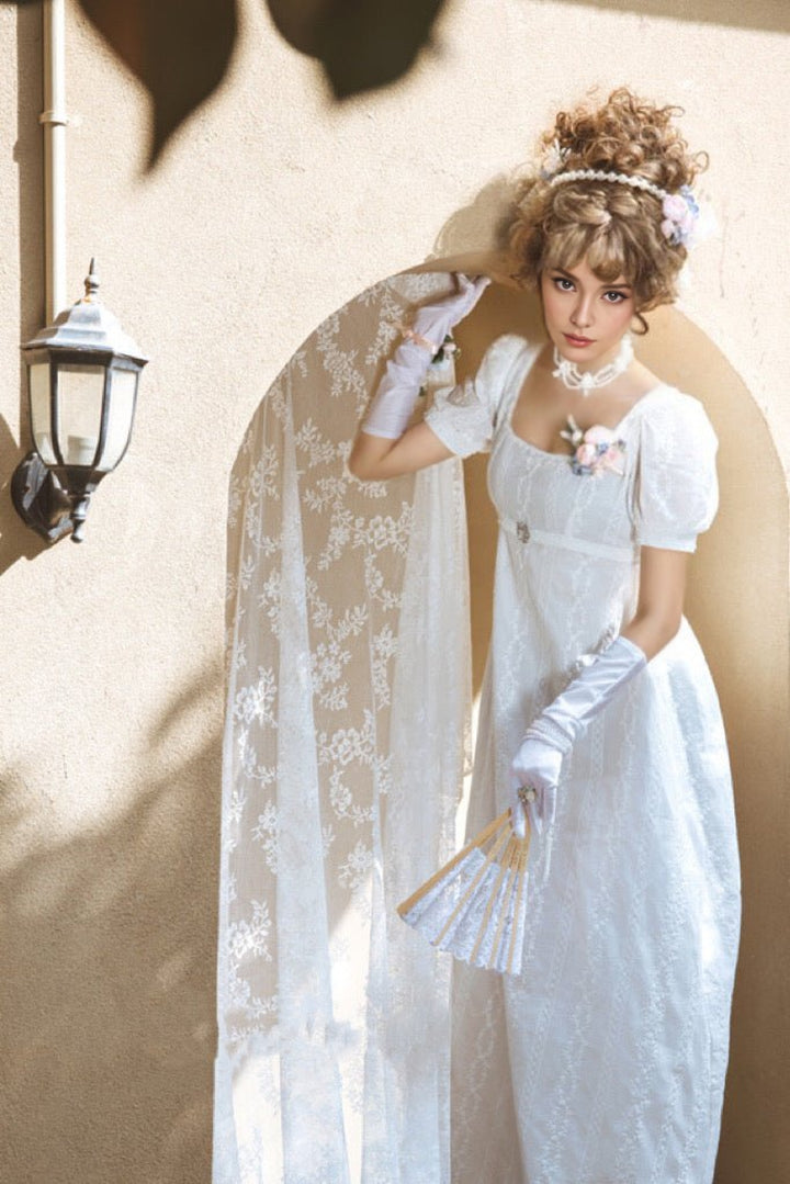 Bridgerton Inspired Embroidered Romantic Regency Era Cotton Lace Dress With Empire Waist - Plus Size