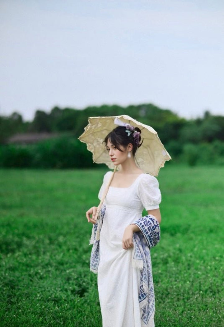 Bridgerton Inspired Embroidered Romantic Regency Era Cotton Lace Dress With Empire Waist - Plus Size