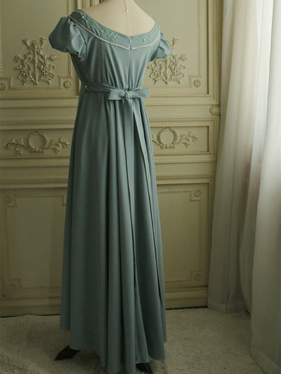 Bridgerton Inspired Grayish Blue Regency Era Dress - Vintage Floral Applique Dress with Beaded Plus Size - WonderlandByLilian