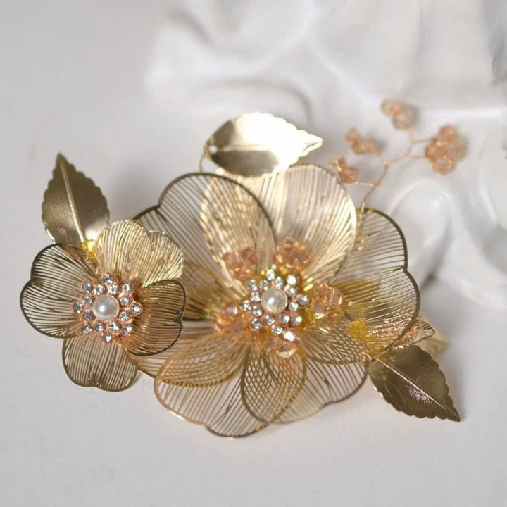 Bridgerton - Inspired Handmade Regency Era Gold Floral Headpieces with Pearls - Golden Hair Accessory - WonderlandByLilian