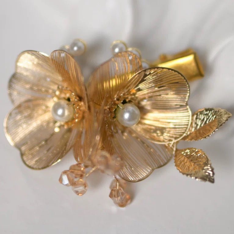 Bridgerton - Inspired Handmade Regency Era Gold Floral Headpieces with Pearls - Golden Hair Accessory - WonderlandByLilian
