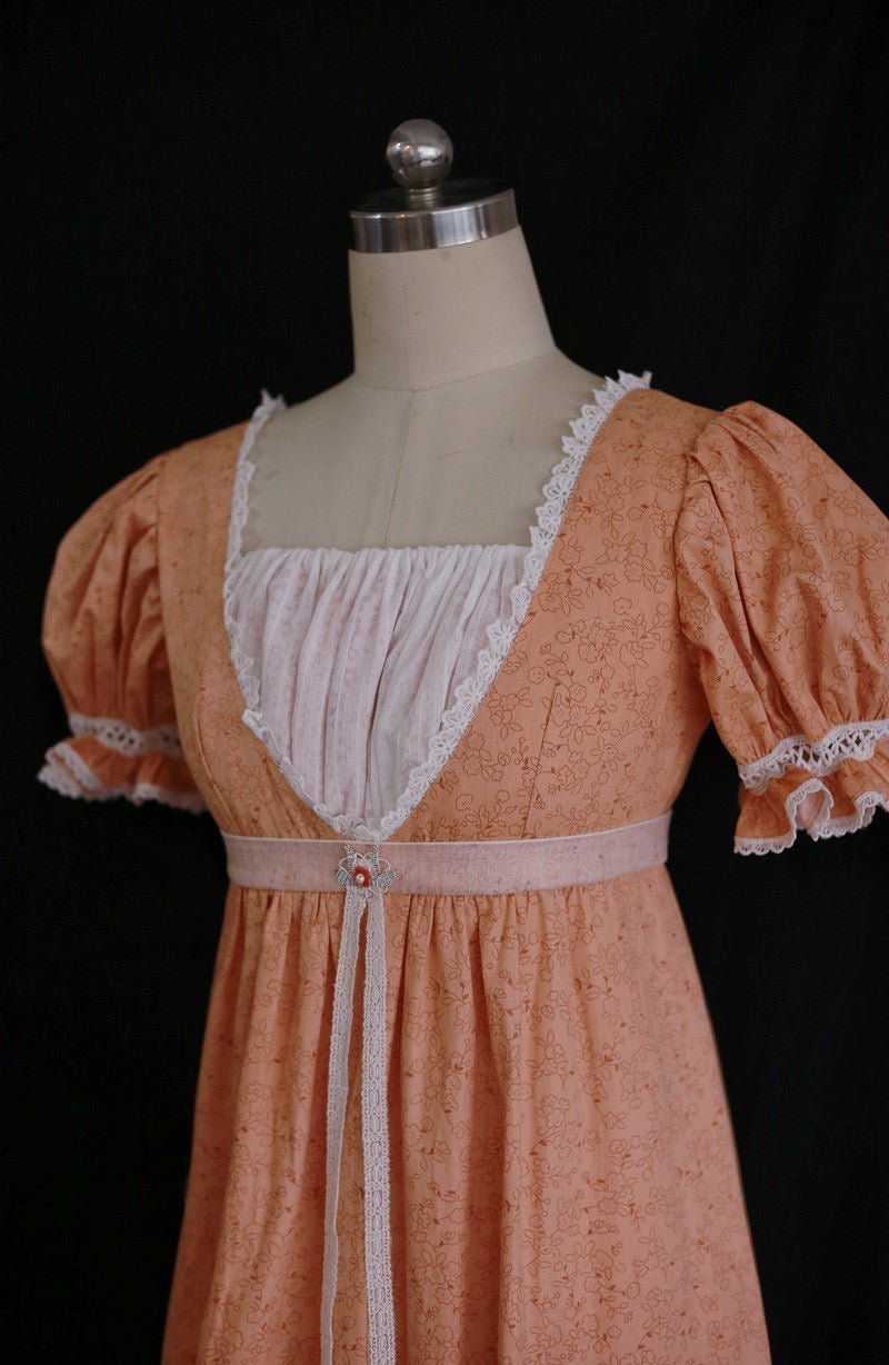 Bridgerton Inspired Light Orange Regency Era Dress - Vintage Dress and Floral Gown with Lace Plus Size - WonderlandByLilian