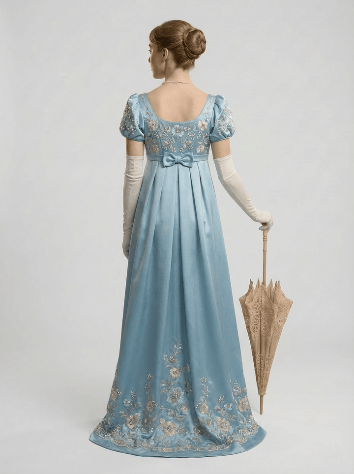 Bridgerton Inspired Regency Empire Waist Blue Embroidered Satin Finish Dress with Puff Sleeve and Bow Detail Plus Size - WonderlandByLilian