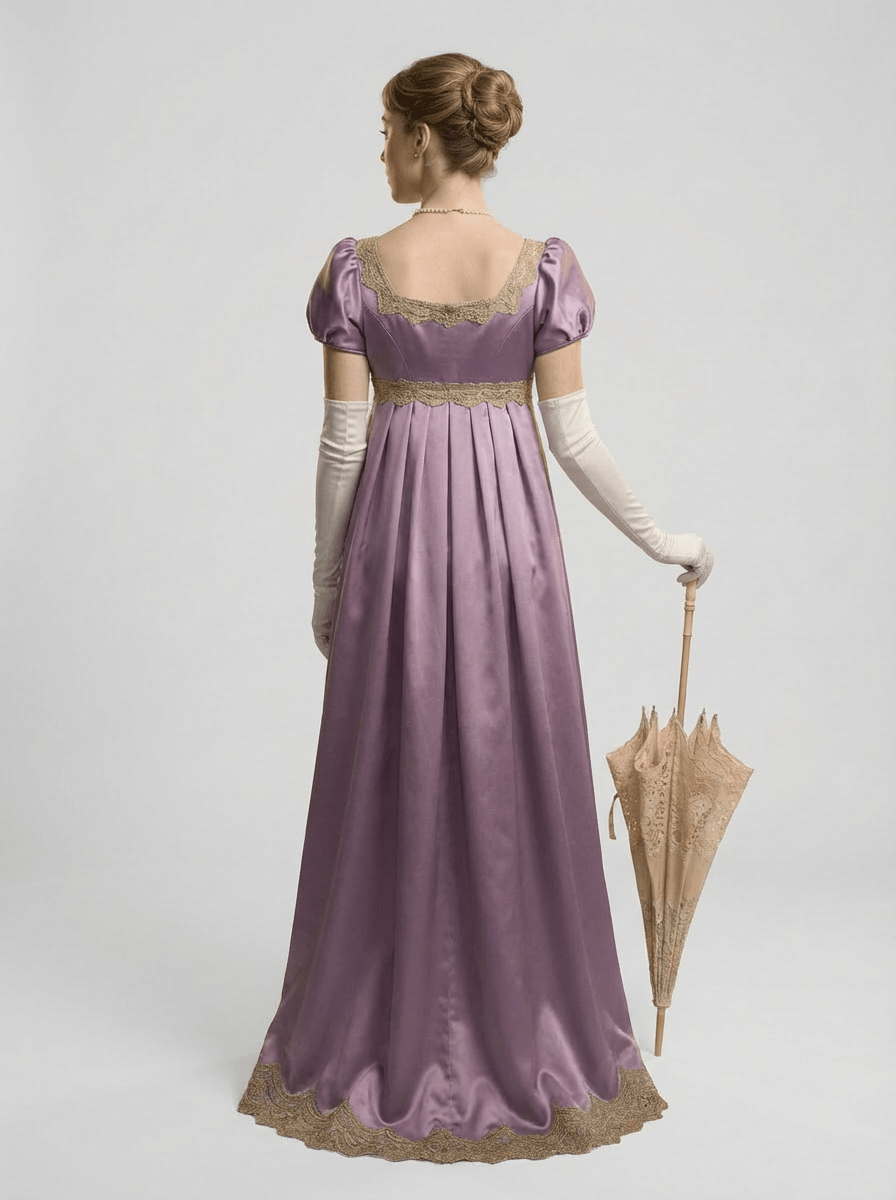 Bridgerton Inspired Regency Empire Waist Lavender Satin Finish Dress with Puff Sleeve and Gold Trim Plus Size - WonderlandByLilian