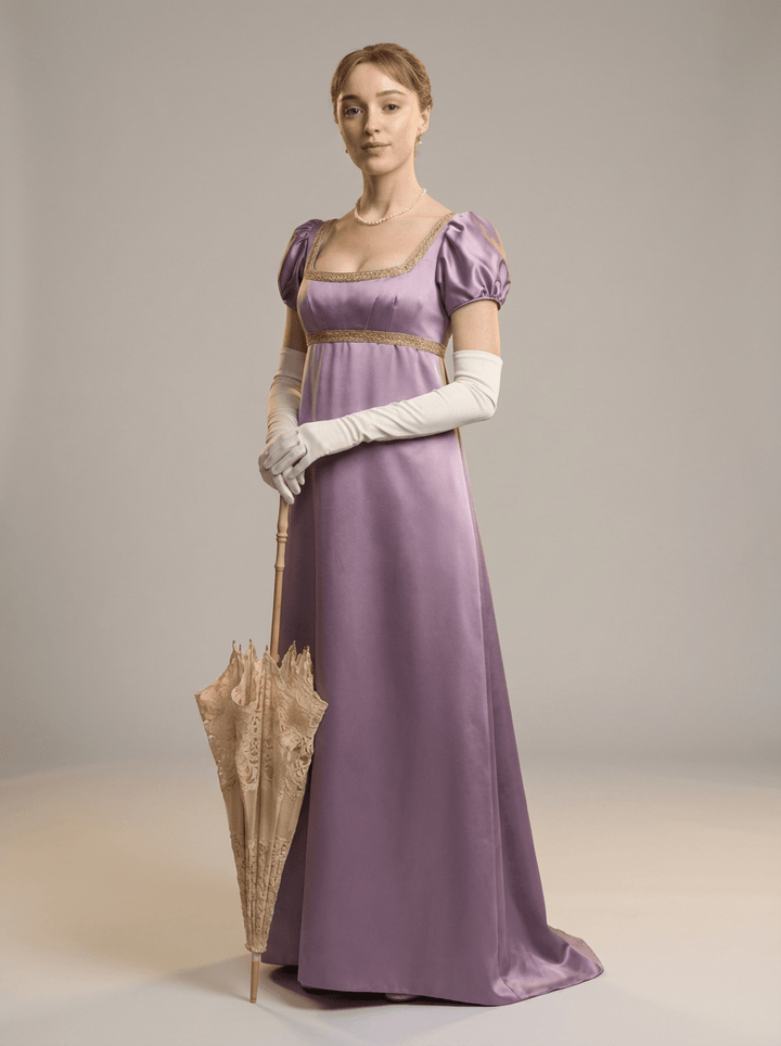 Bridgerton Inspired Regency Empire Waist Lavender Satin Finish Dress with Puff Sleeve and Gold Trim Plus Size US0 / Lavender Purple