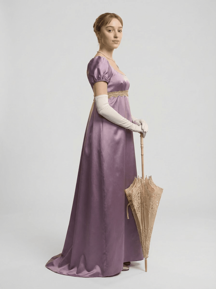 Bridgerton Inspired Regency Empire Waist Lavender Satin Finish Dress with Puff Sleeve and Gold Trim Plus Size - WonderlandByLilian