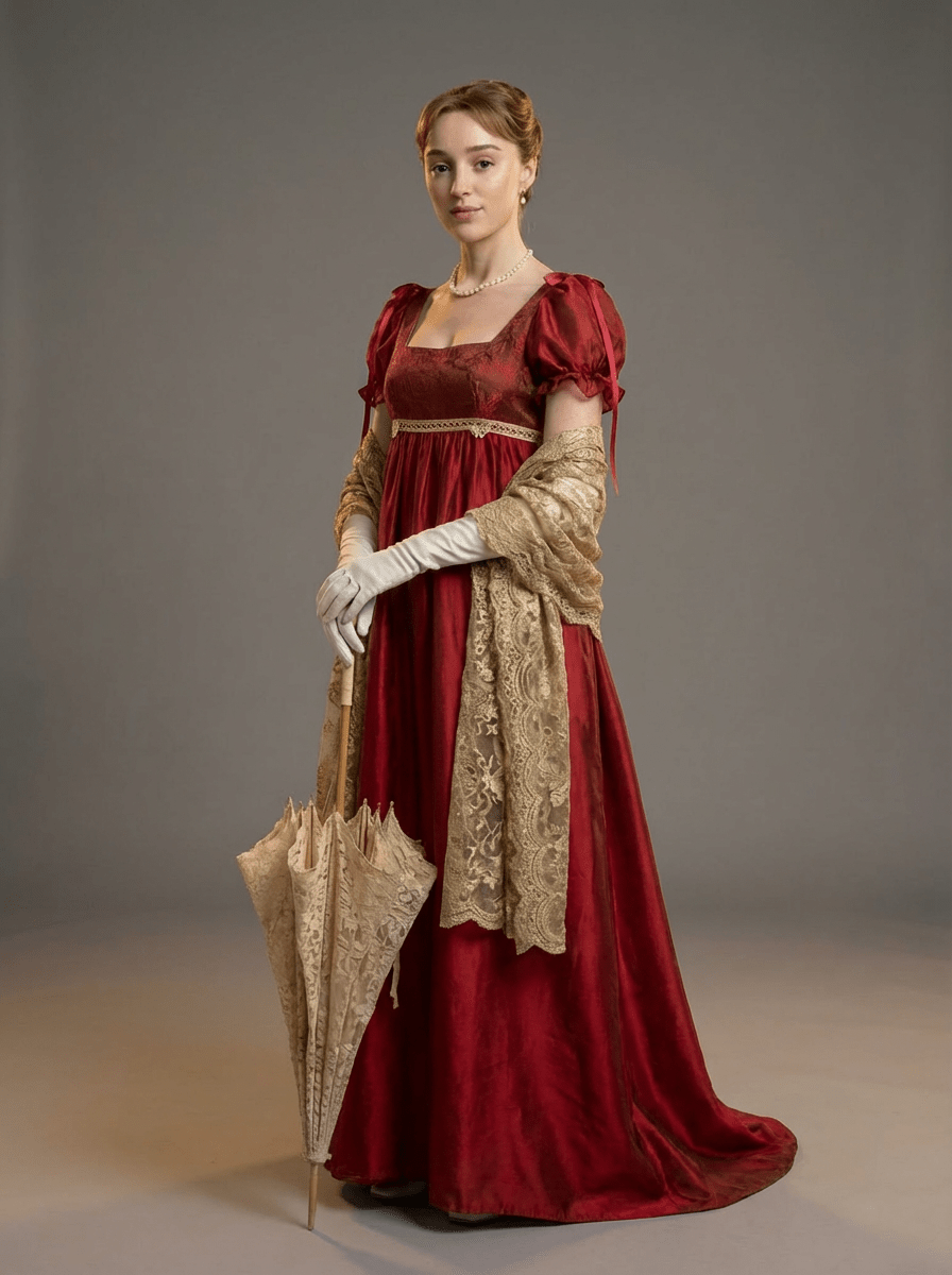 Bridgerton Inspired Regency Empire Waist Red Satin Finish Evening Dress with Puff Sleeve Plus Size - WonderlandByLilian