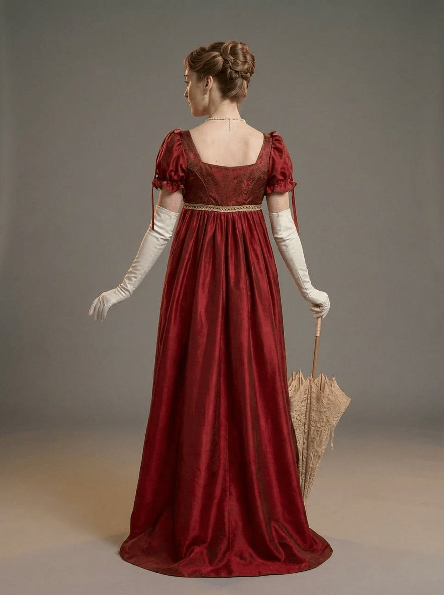 Bridgerton Inspired Regency Empire Waist Red Satin Finish Evening Dress with Puff Sleeve Plus Size