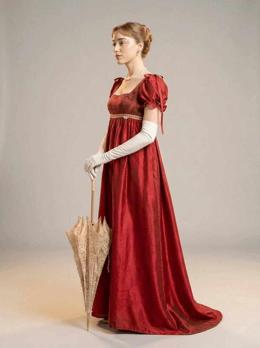 Bridgerton Inspired Regency Empire Waist Red Satin Finish Evening Dress with Puff Sleeve Plus Size - WonderlandByLilian