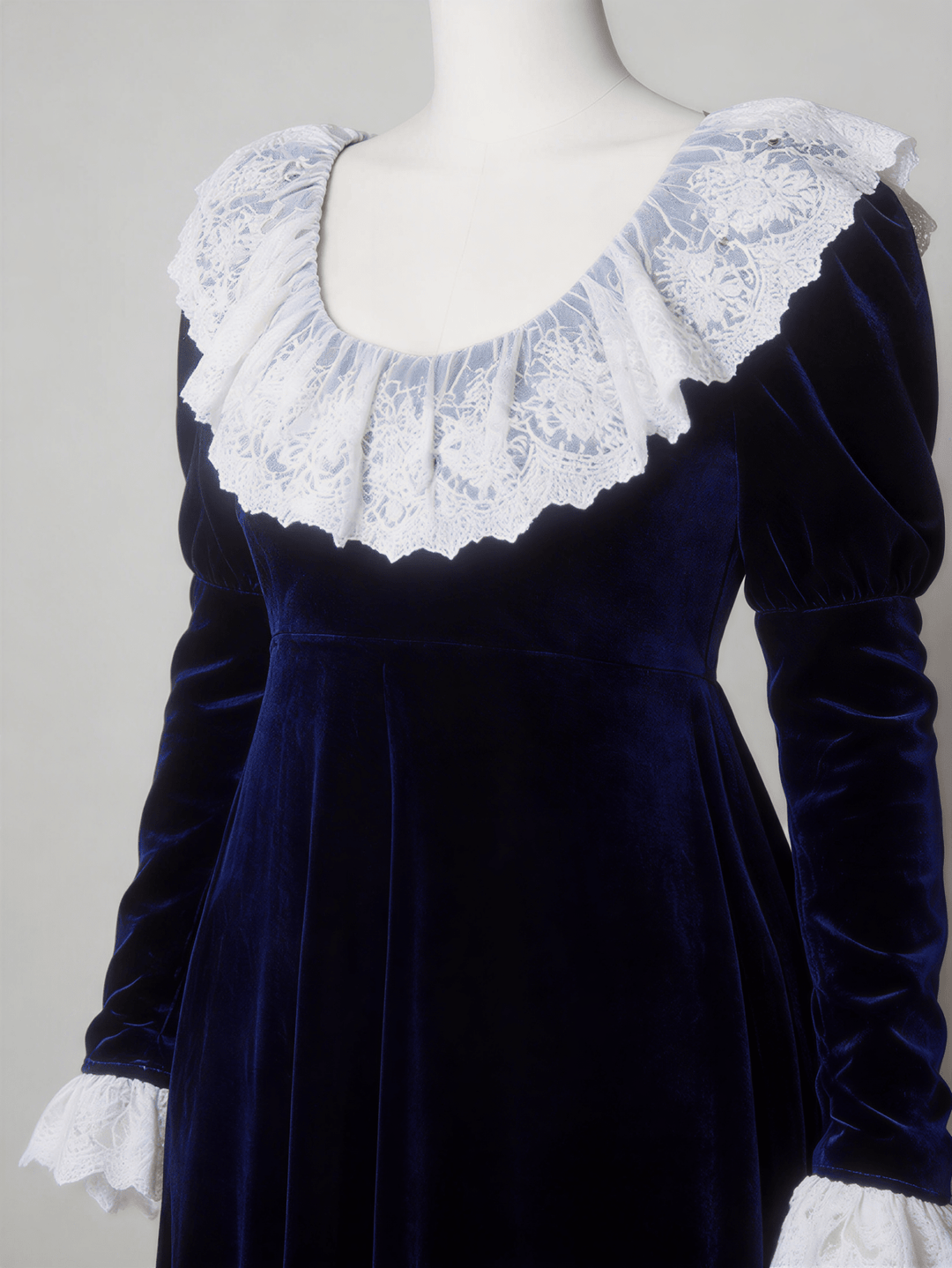 Bridgerton Inspired Regency Era Navy Blue Velvet Empire Waist Dress with Gold Lace Collar and Long Sleeves Plus Size - WonderlandByLilian