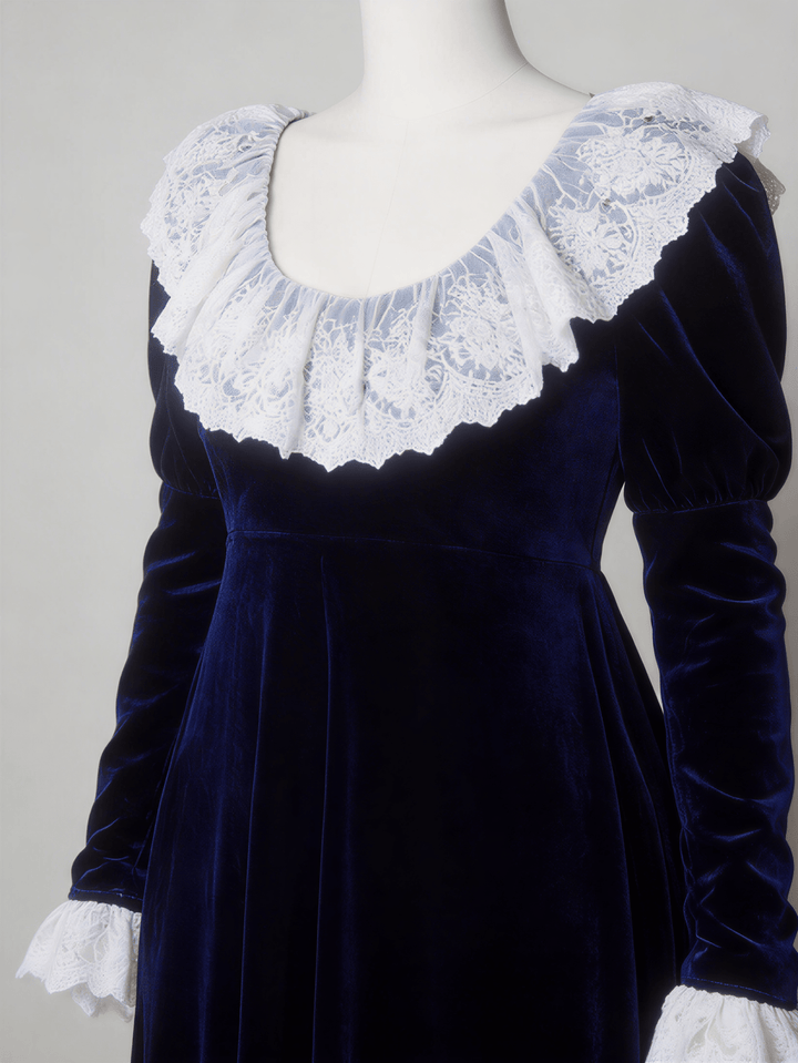 Bridgerton Inspired Regency Era Navy Blue Velvet Empire Waist Dress with Gold Lace Collar and Long Sleeves Plus Size - WonderlandByLilian