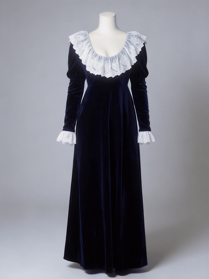 Bridgerton Inspired Regency Era Navy Blue Velvet Empire Waist Dress with Gold Lace Collar and Long Sleeves Plus Size - WonderlandByLilian