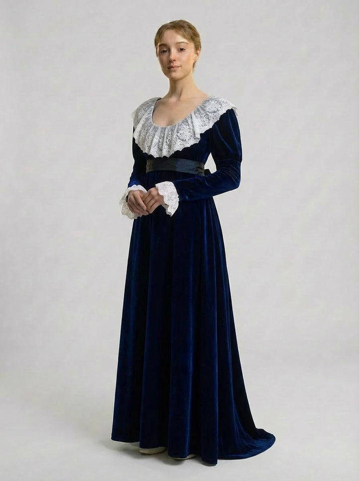 Bridgerton Inspired Regency Era Navy Blue Velvet Empire Waist Dress with Gold Lace Collar and Long Sleeves Plus Size - WonderlandByLilian