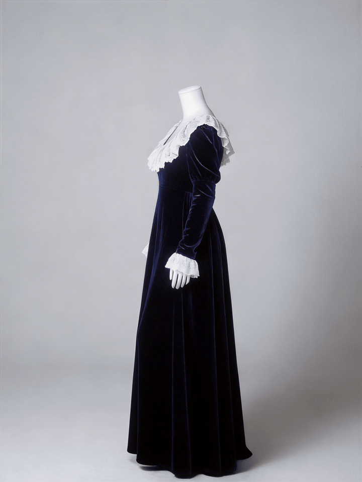 Bridgerton Inspired Regency Era Navy Blue Velvet Empire Waist Dress with Gold Lace Collar and Long Sleeves Plus Size - WonderlandByLilian