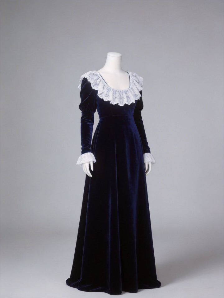 Bridgerton Inspired Regency Era Navy Blue Velvet Empire Waist Dress with Gold Lace Collar and Long Sleeves Plus Size - WonderlandByLilian
