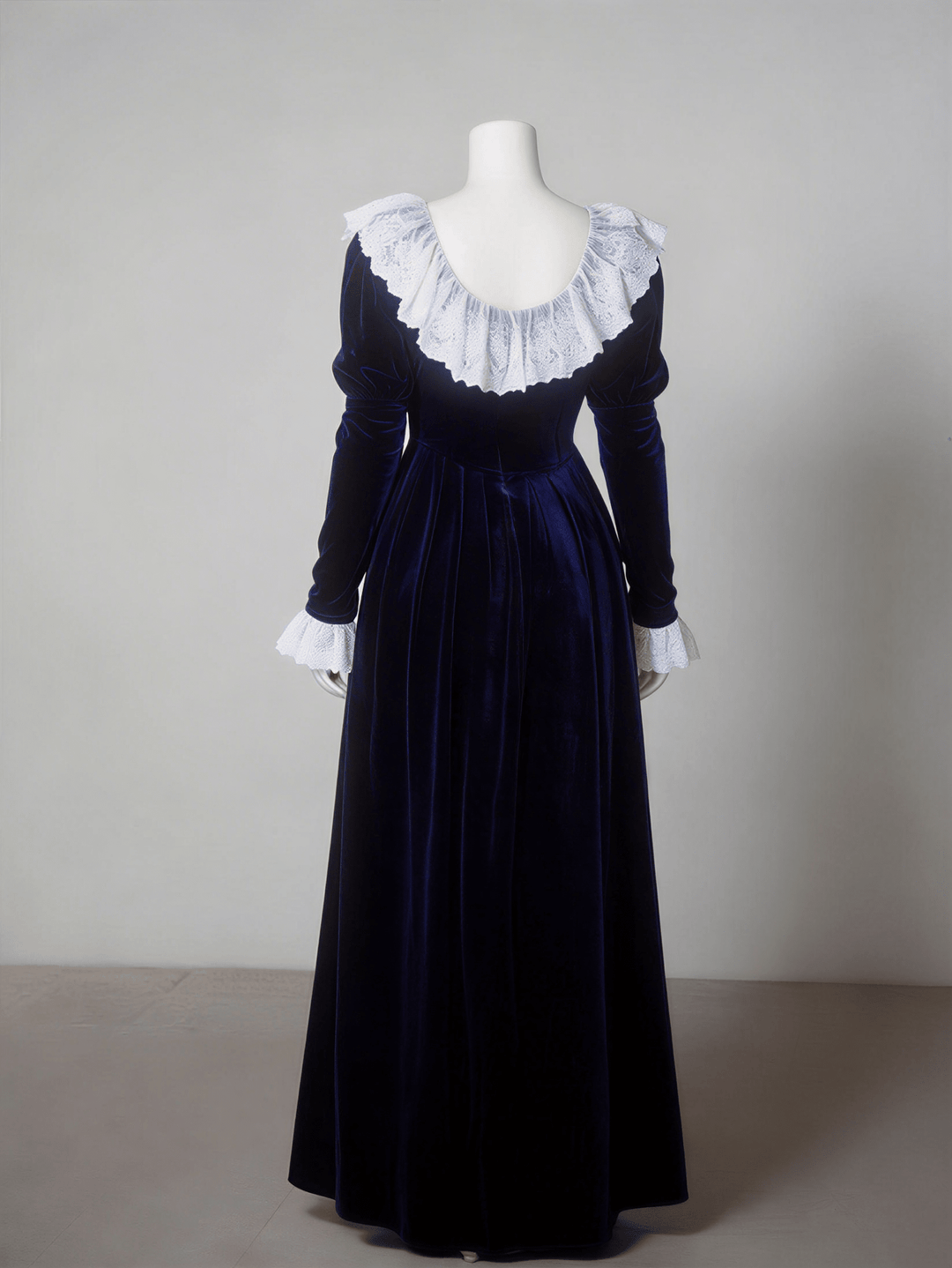 Bridgerton Inspired Regency Era Navy Blue Velvet Empire Waist Dress with Gold Lace Collar and Long Sleeves Plus Size - WonderlandByLilian