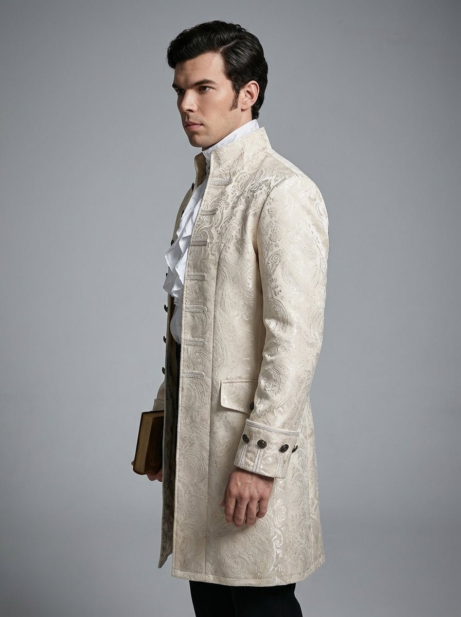 Bridgerton Inspired Vintage Style Regency Era Jacquard Beige Long Coat For Men - Ball Event Menswear - Plus Size - WonderlandByLilian