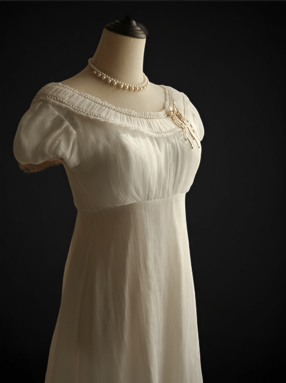 Bridgerton inspired White Regency Era Dress with Chiffon Ruffle
