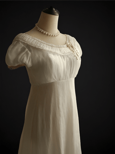 Bridgerton inspired White Regency Era Dress with Chiffon Ruffle - Custom Made Regency Dress with Pearl Plus Size - WonderlandByLilian