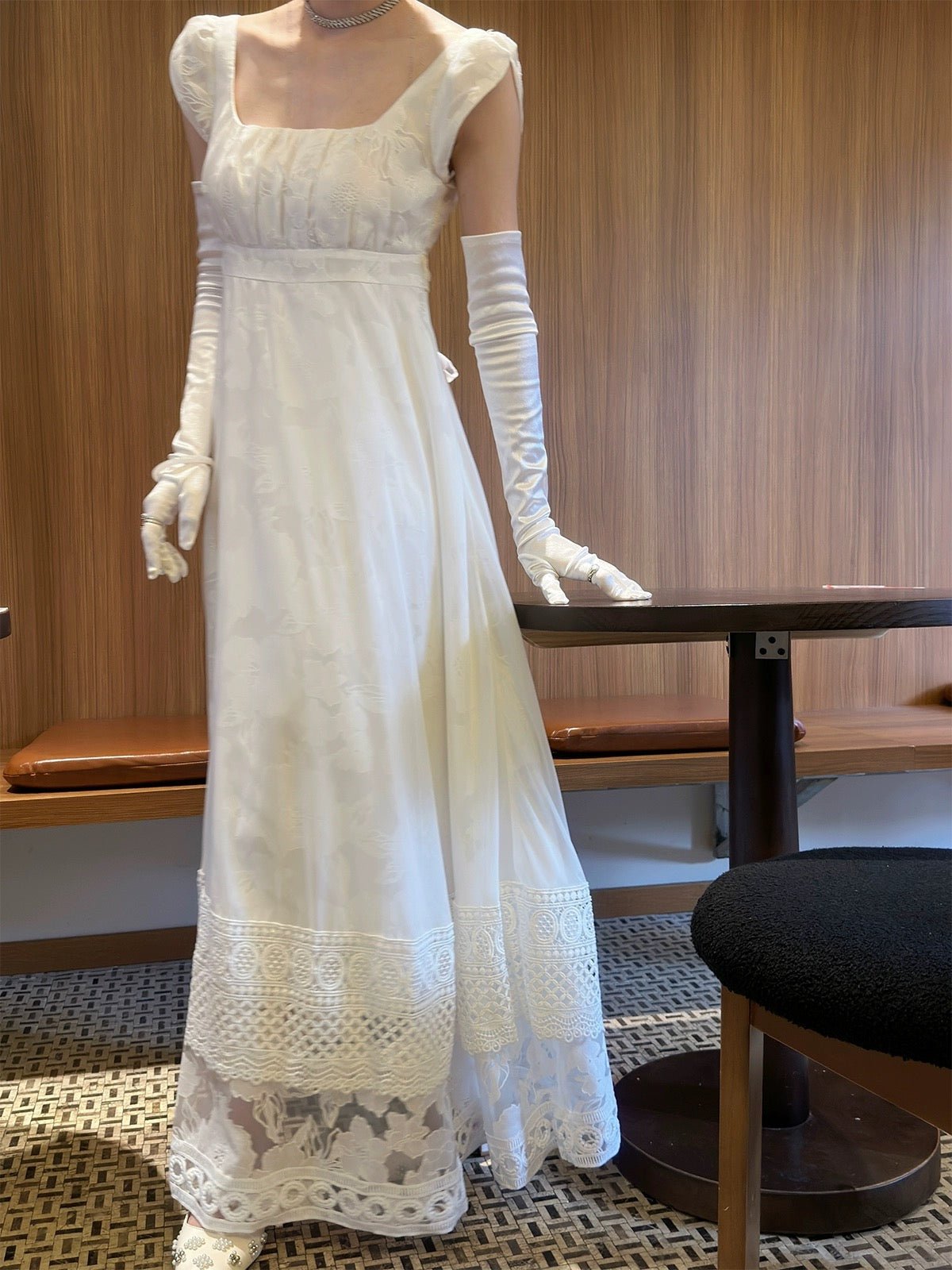 Bridgerton Inspired White Regency Era Dress with Lace - Custom Made Regency Dress with Bow Plus Size - WonderlandByLilian