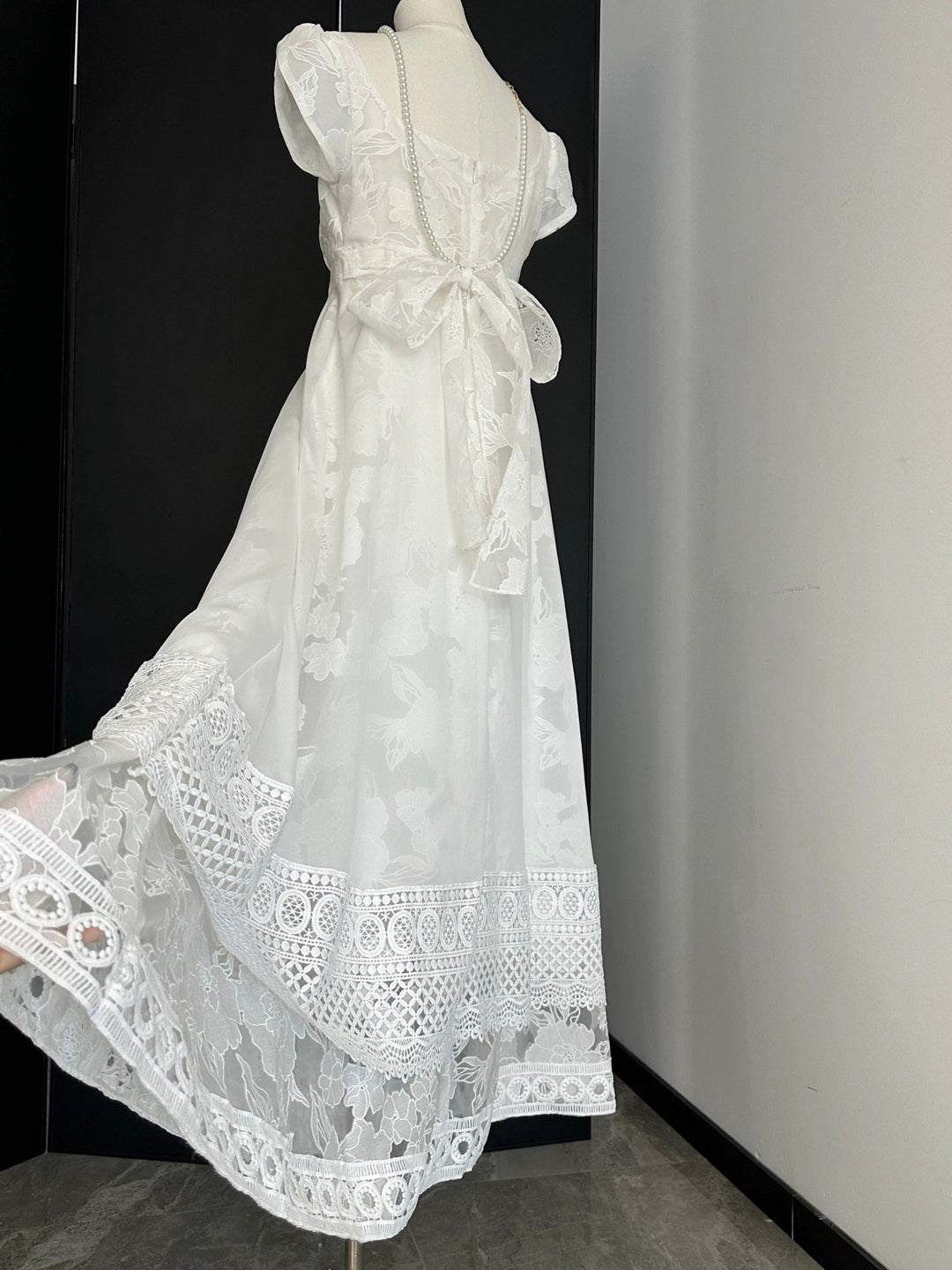 Bridgerton Inspired White Regency Era Dress with Lace - Custom Made Regency Dress with Bow Plus Size - WonderlandByLilian