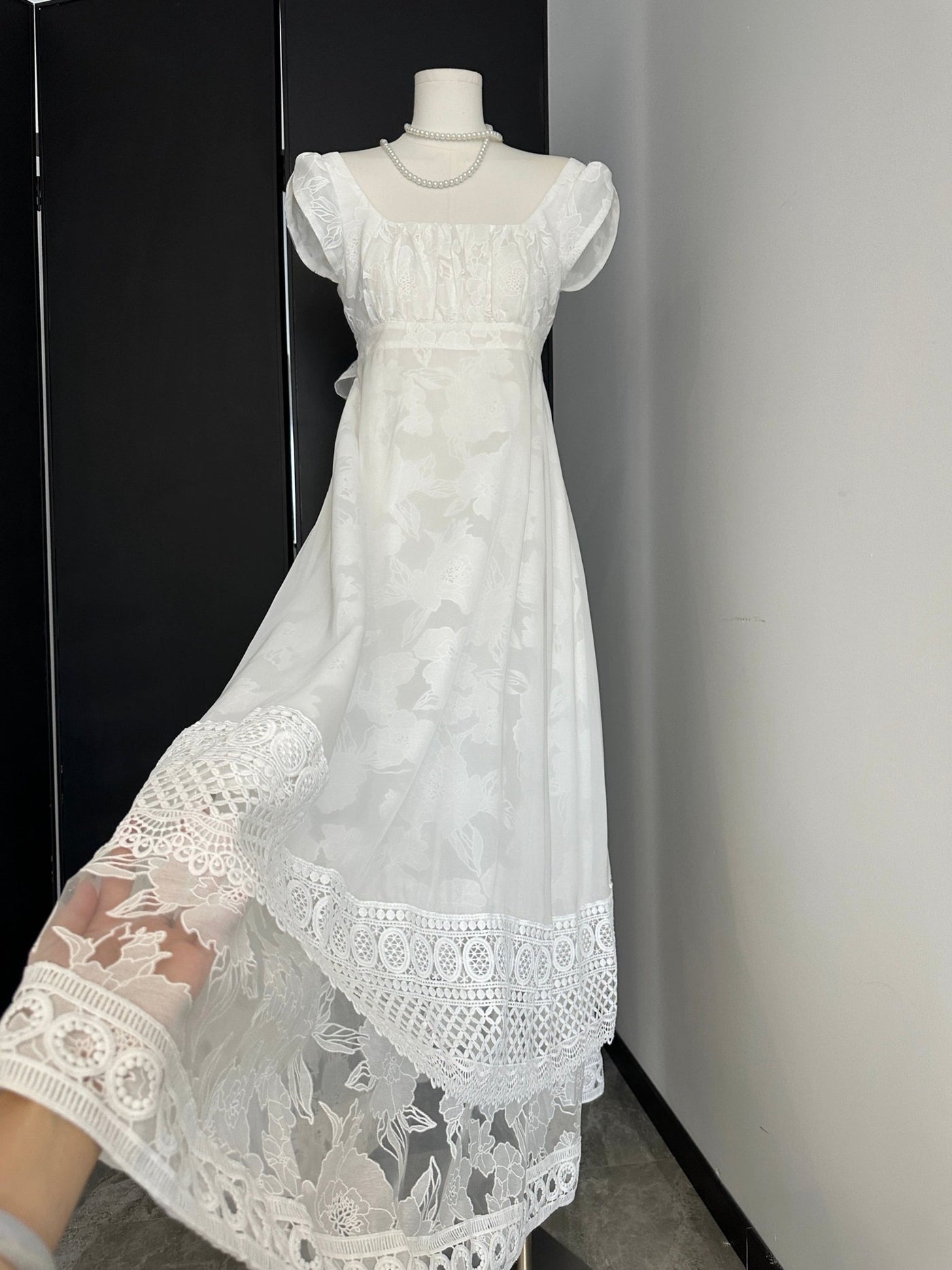 Bridgerton Inspired White Regency Era Dress with Lace - Custom Made Regency Dress with Bow Plus Size - WonderlandByLilian