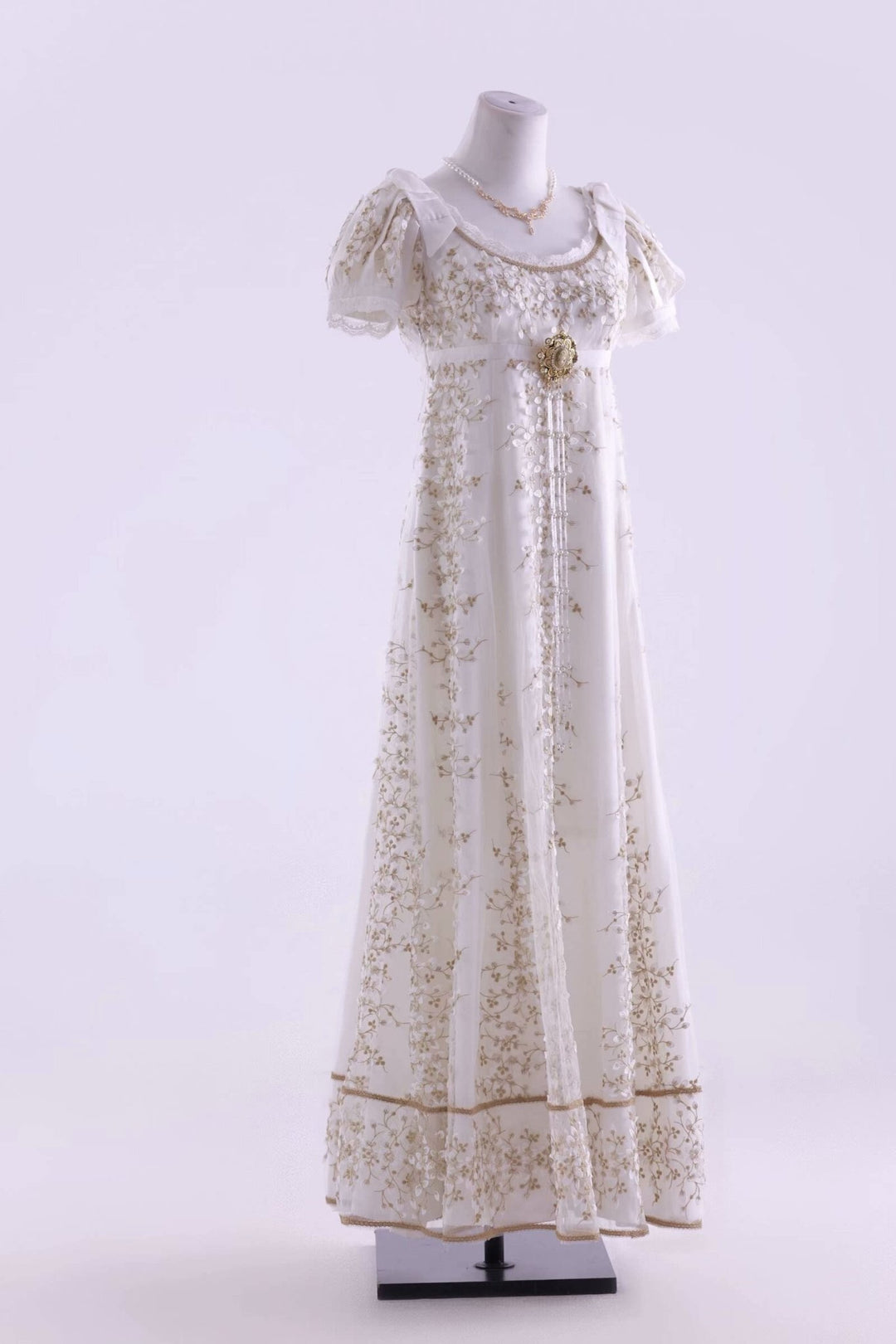 Bridgerton Ivory Embroidered Empire Waist Vintage Gown with Floral Lace Overlay Plus Size - WonderlandByLilian